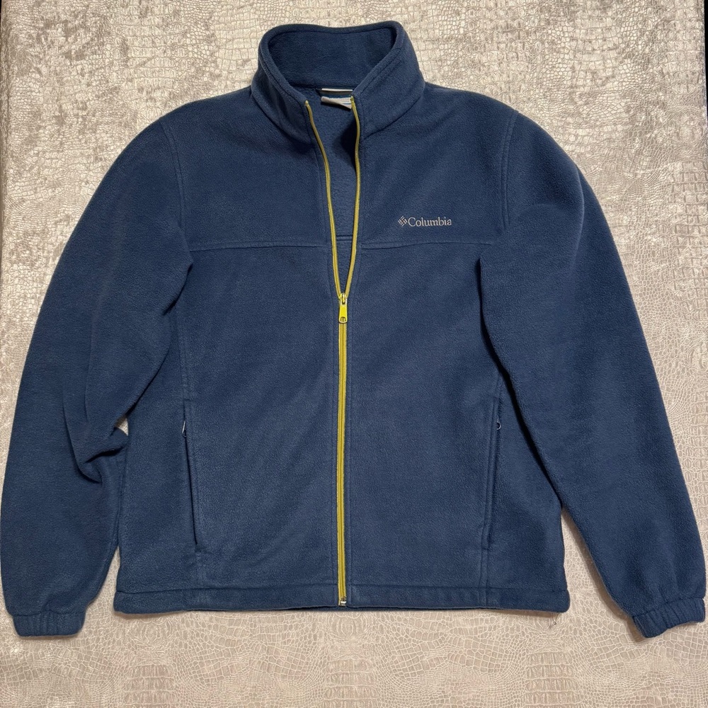 Columbia Blue Fleece Jacket with Lime Zipper, Men’s Medium